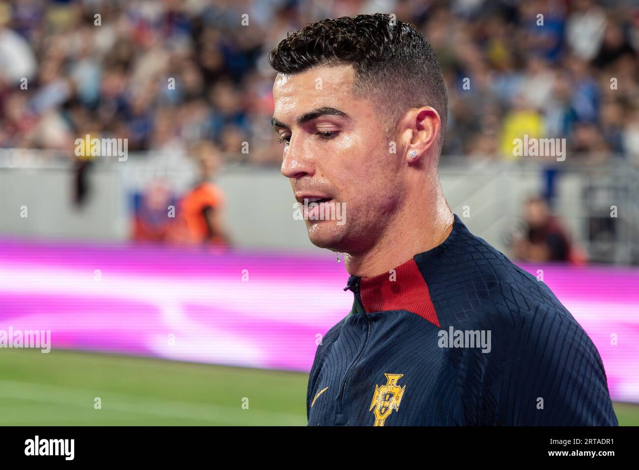 Cristiano Ronaldo seen after the European Qualifier match between Slovakia and Portugal which took place in Bratislava. Portugal won the match 1:0 and remained unbeaten on top of Group J. The only goal was scored by Bruno Fernandes. Cristiano Ronaldo received his third yellow card and he missed next match. Stock Photo