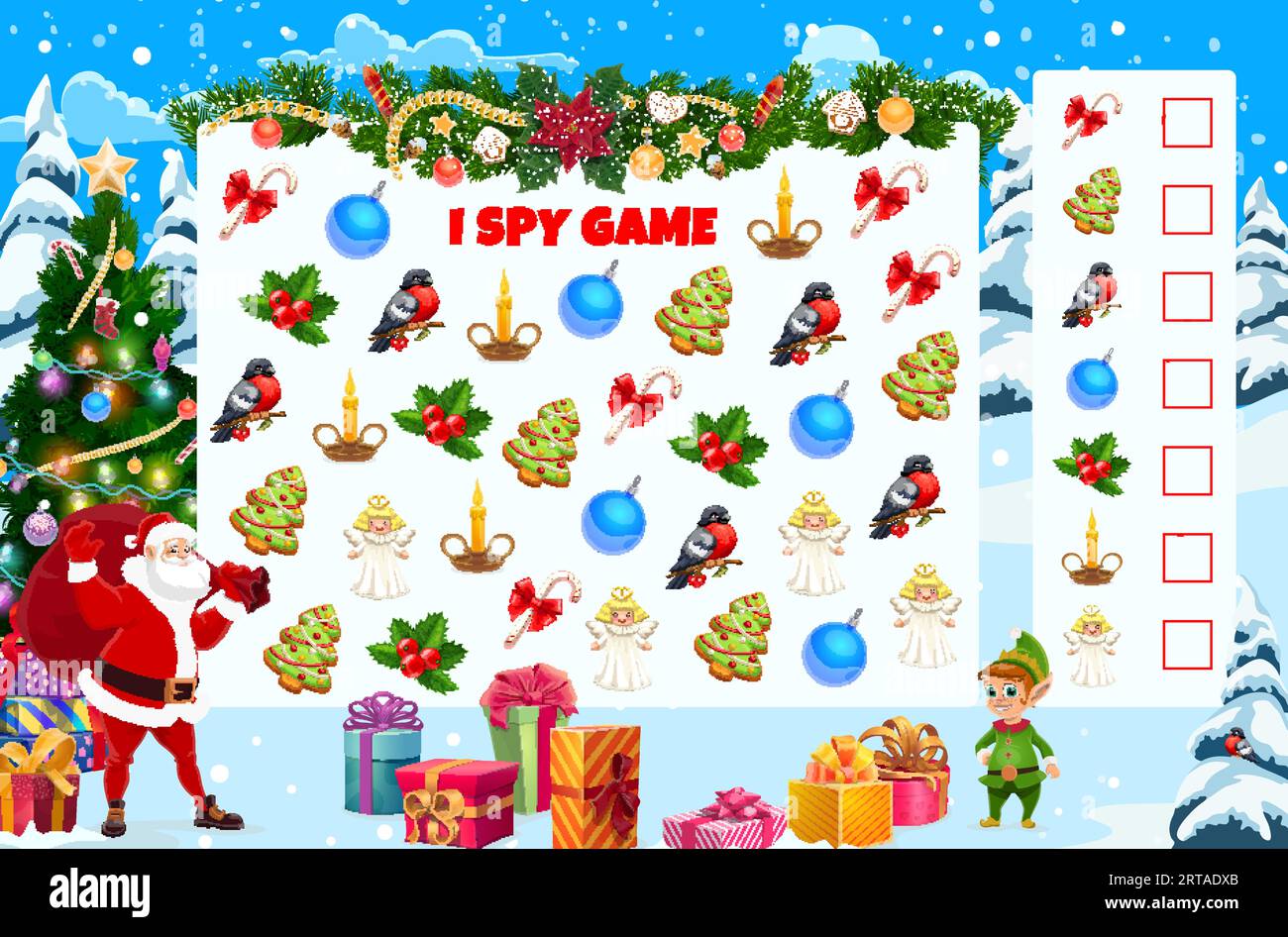 Christmas i spy game worksheet. Cartoon kids vector riddle page with