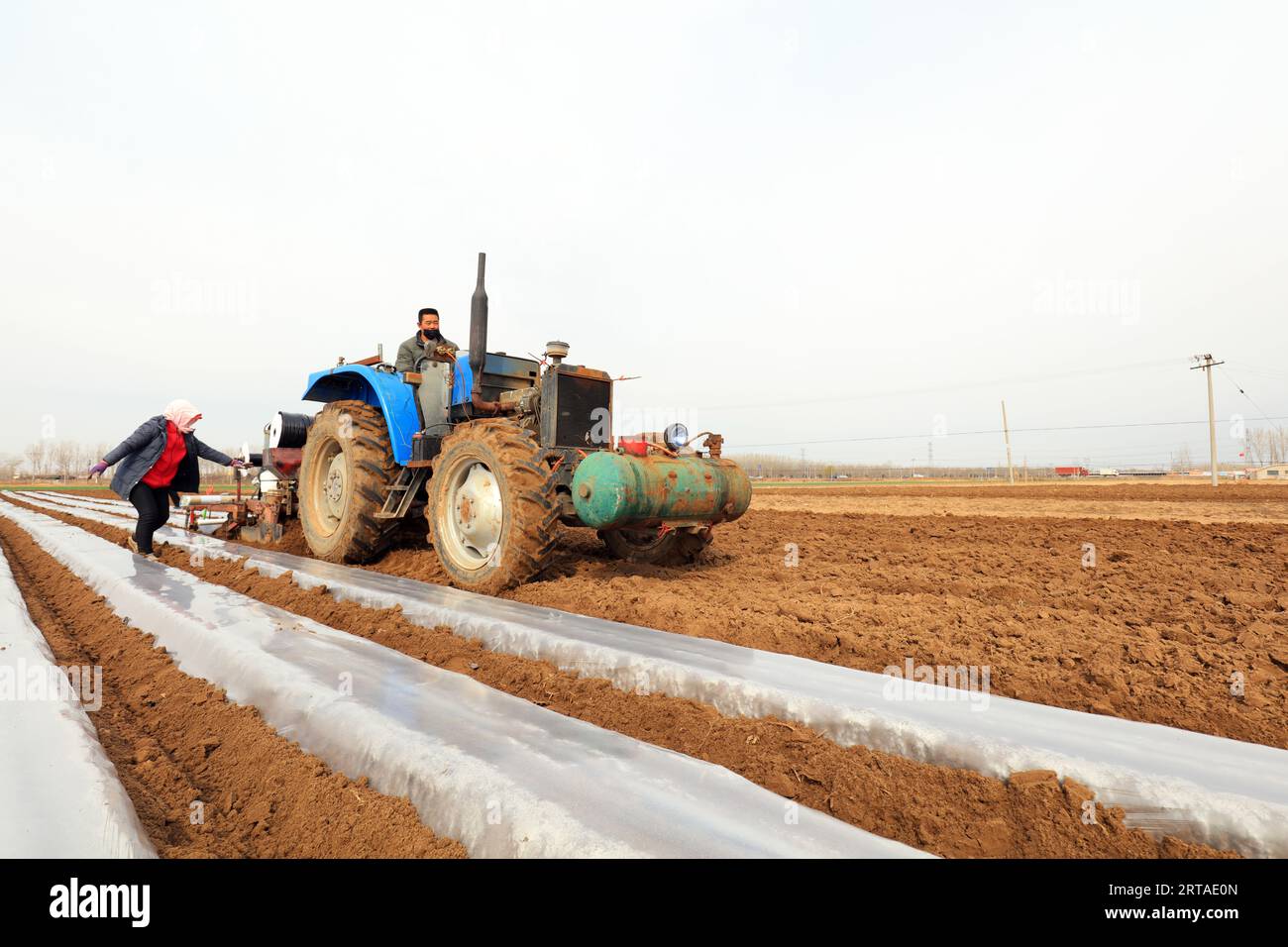 Luannan County - March 28, 2019: Farmers drive machines to grow potatoes on farms, Luannan County, Hebei Province, China Stock Photo