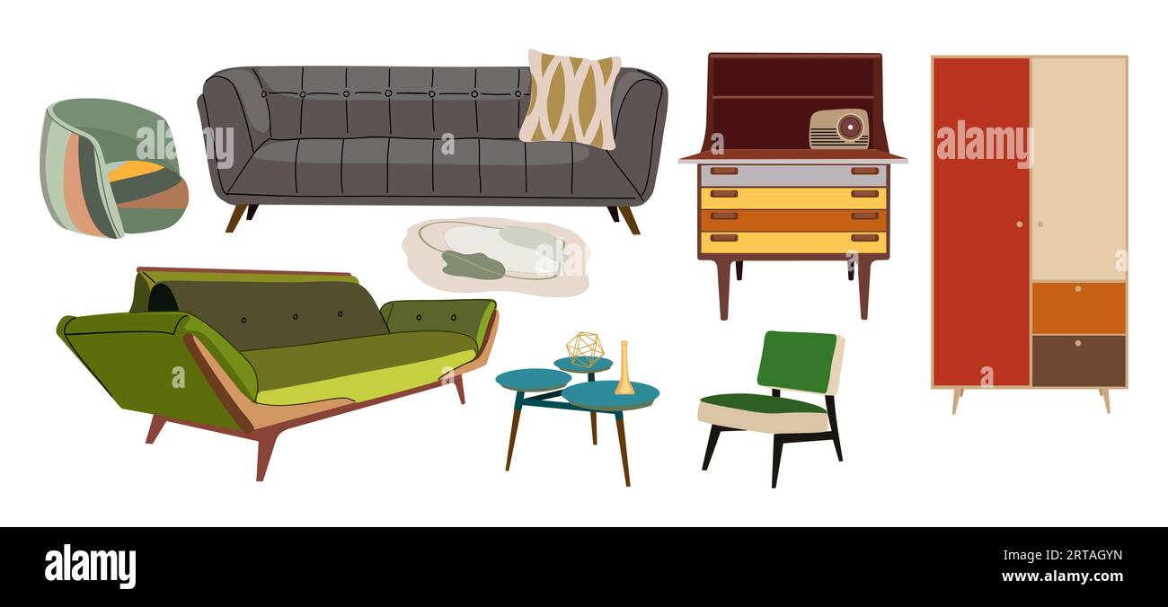 Set of home furniture, vintage interior decor Stock Vector Image & Art ...