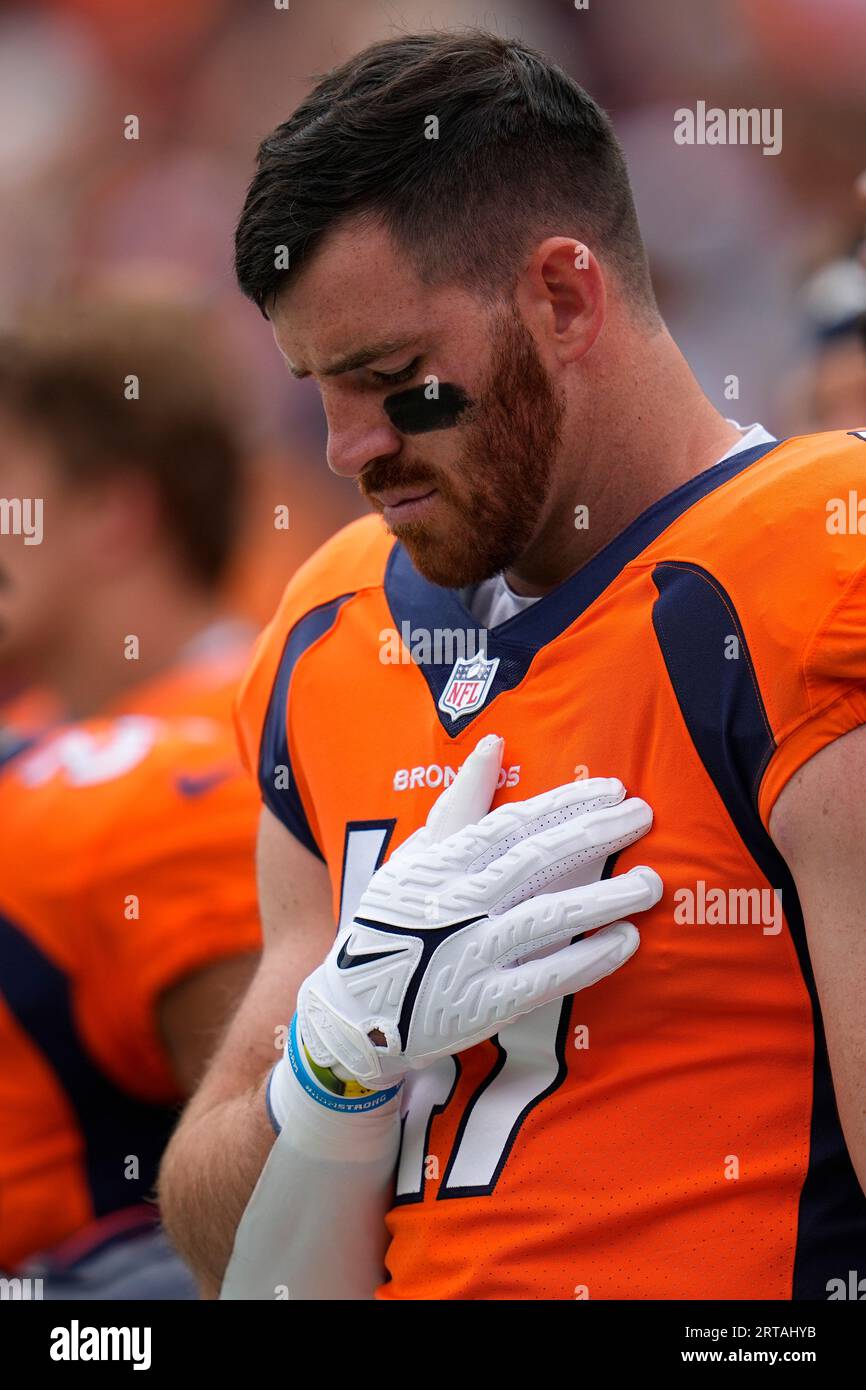 Denver Broncos linebacker Josey Jewell (47) reacts during an NFL football  game between the Carolina Panthers and the Denver Broncos on Sunday, Nov.  27, 2022, in Charlotte, N.C. (AP Photo/Jacob Kupferman Stock