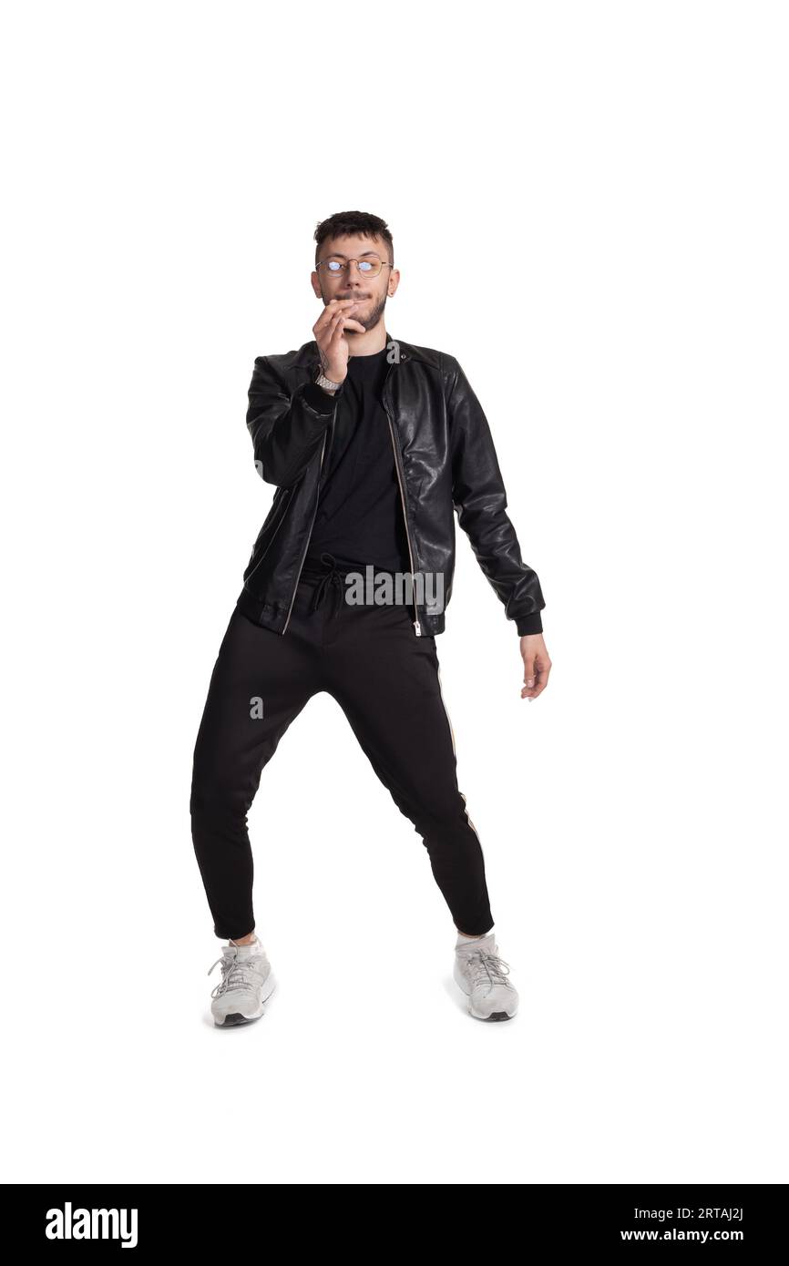 Full-length photo of a funny guy dancing in studio isolated on white ...
