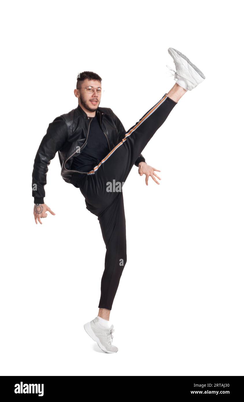 Full-length photo of a funny guy dancing in studio isolated on white ...