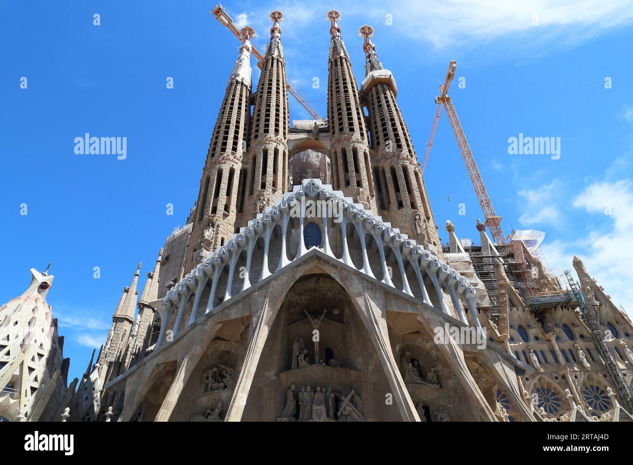 BARCELONA, SPAIN - MAY 12, 2017: This is a fragment of the construction of the towers of the facade of the Portal of the Passion of Christ of the famo Stock Photo