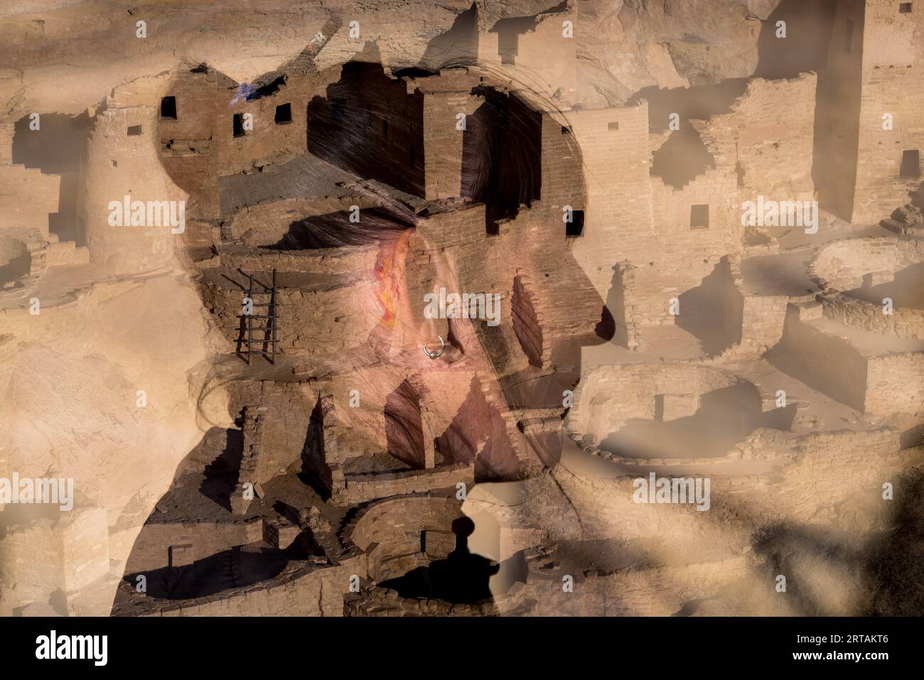 Double exposure portrait of a woman and desert dwellings in the Southwest USA.. Stock Photo