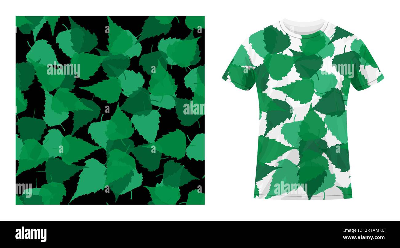Short sleeved cotton sports t shirt decorated birch leaves silhouettes seamless pattern. Autumn leaves of birch tree. Comfortable summer clothes. Vect Stock Vector
