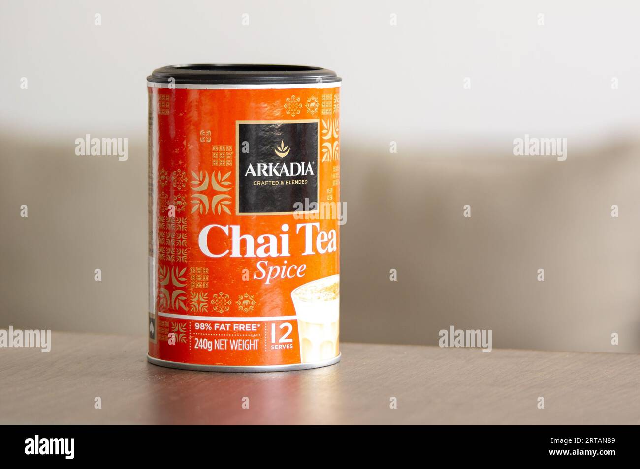 OSTRAVA, CZECH REPUBLIC - JUNE 21, 2023: Container of Arkadia Chai Tea Spice beverage from Australia Stock Photo
