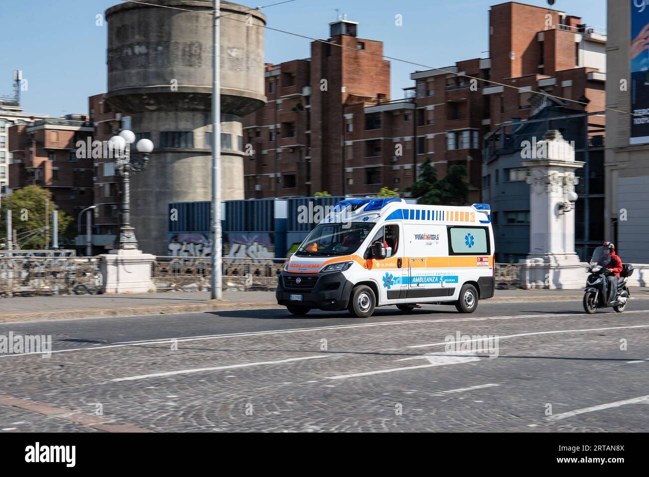 BOLOGNA, ITALY APRIL 19, 2022 Fiat Ducato ambulance car driving
