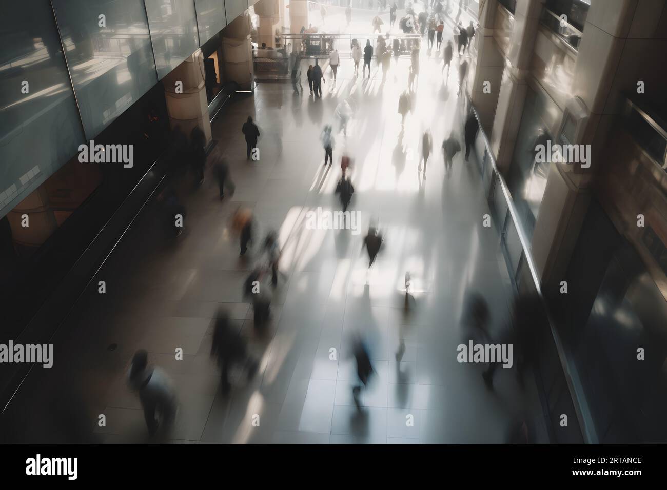 A diverse group of professionals are walking around the spacious and ...
