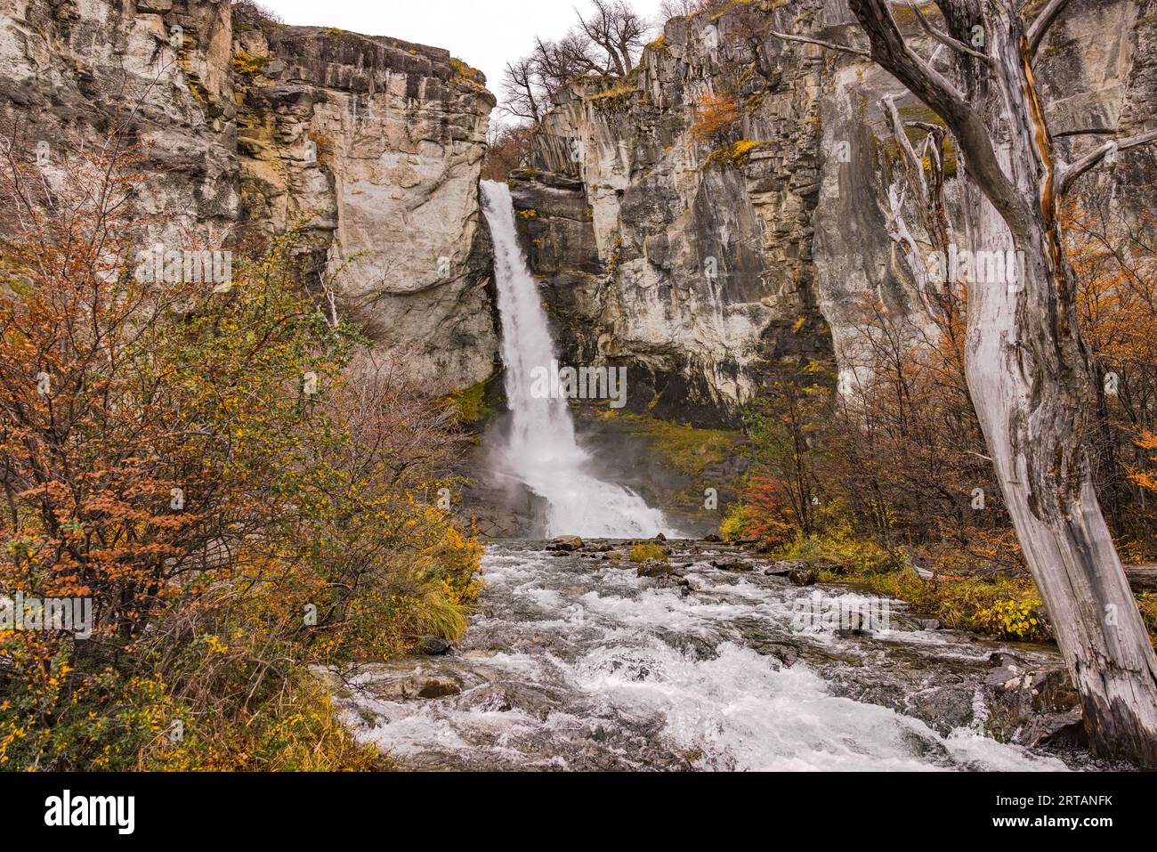 The Chorrillo del Salto waterfall near El Chalten in an autumnal rocky landscape, Argentina, Patagonia Stock Photo