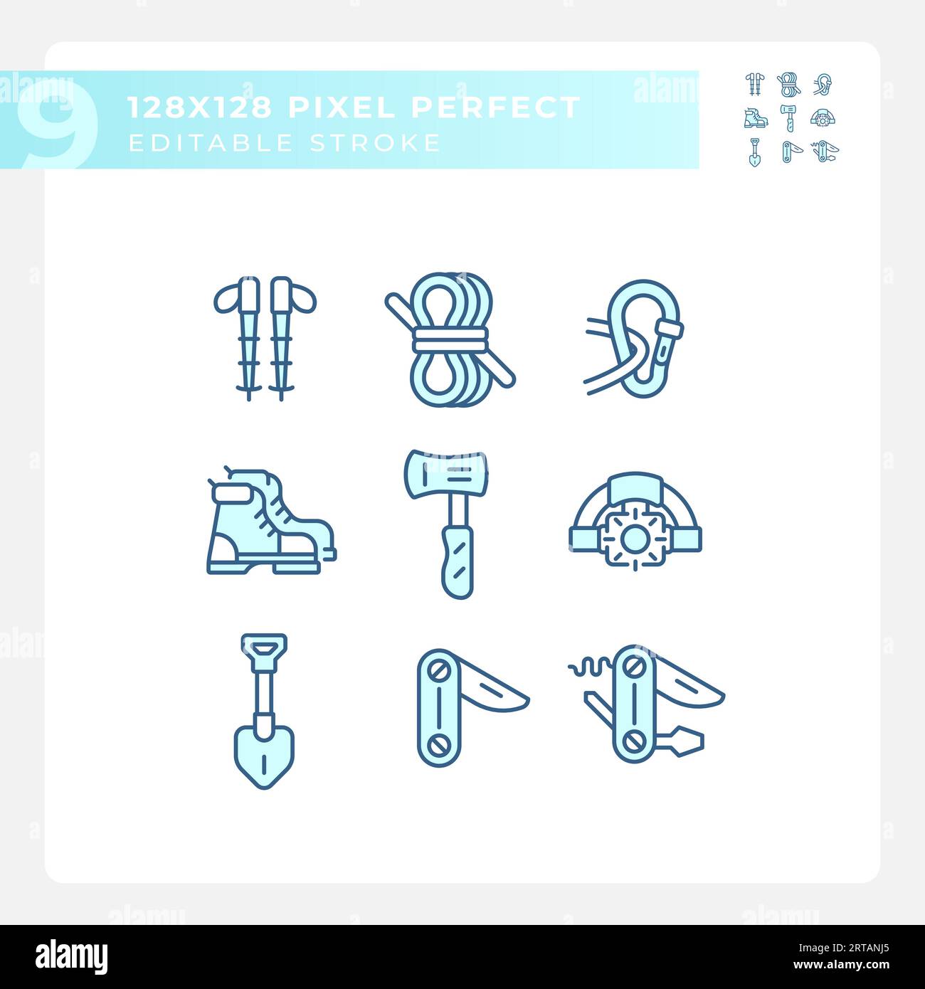 Editable 2D hiking gear icons collection Stock Vector