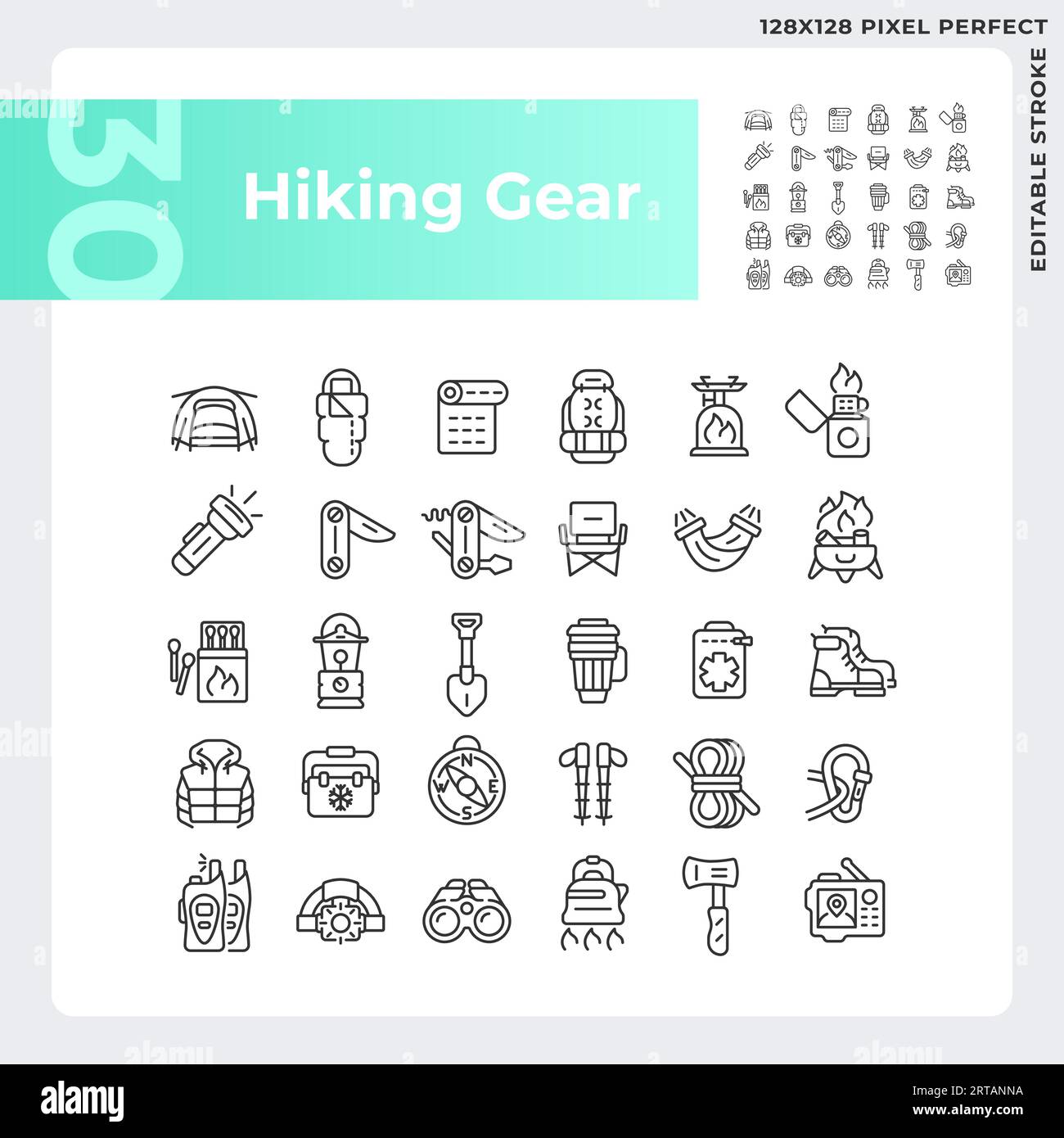 Editable pixel perfect hiking gear icons collection Stock Vector