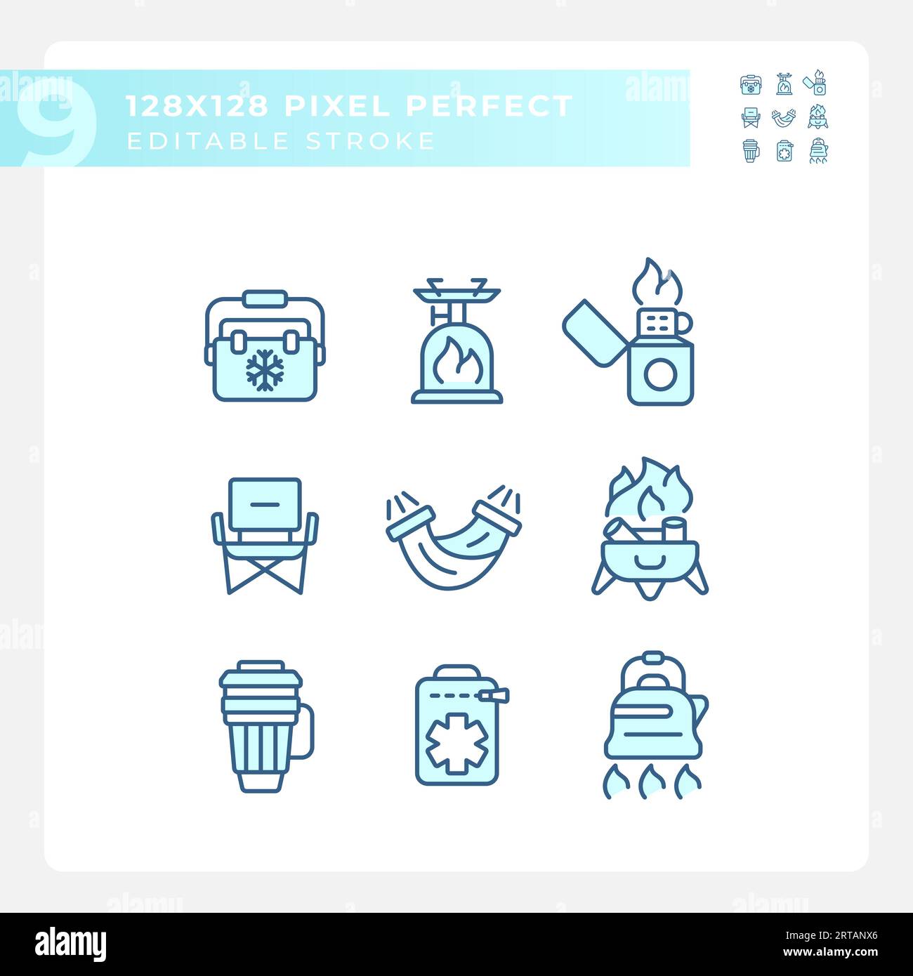 Editable pixel perfect hiking gear line icons Stock Vector
