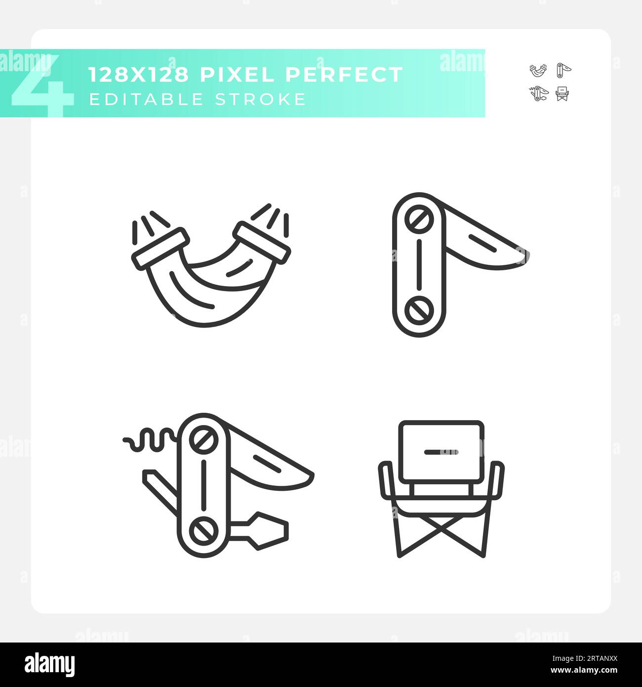 Pixel perfect hiking gear icons set Stock Vector