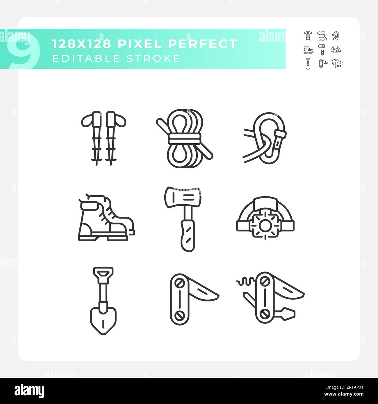 Editable 2D hiking gear icons collection Stock Vector