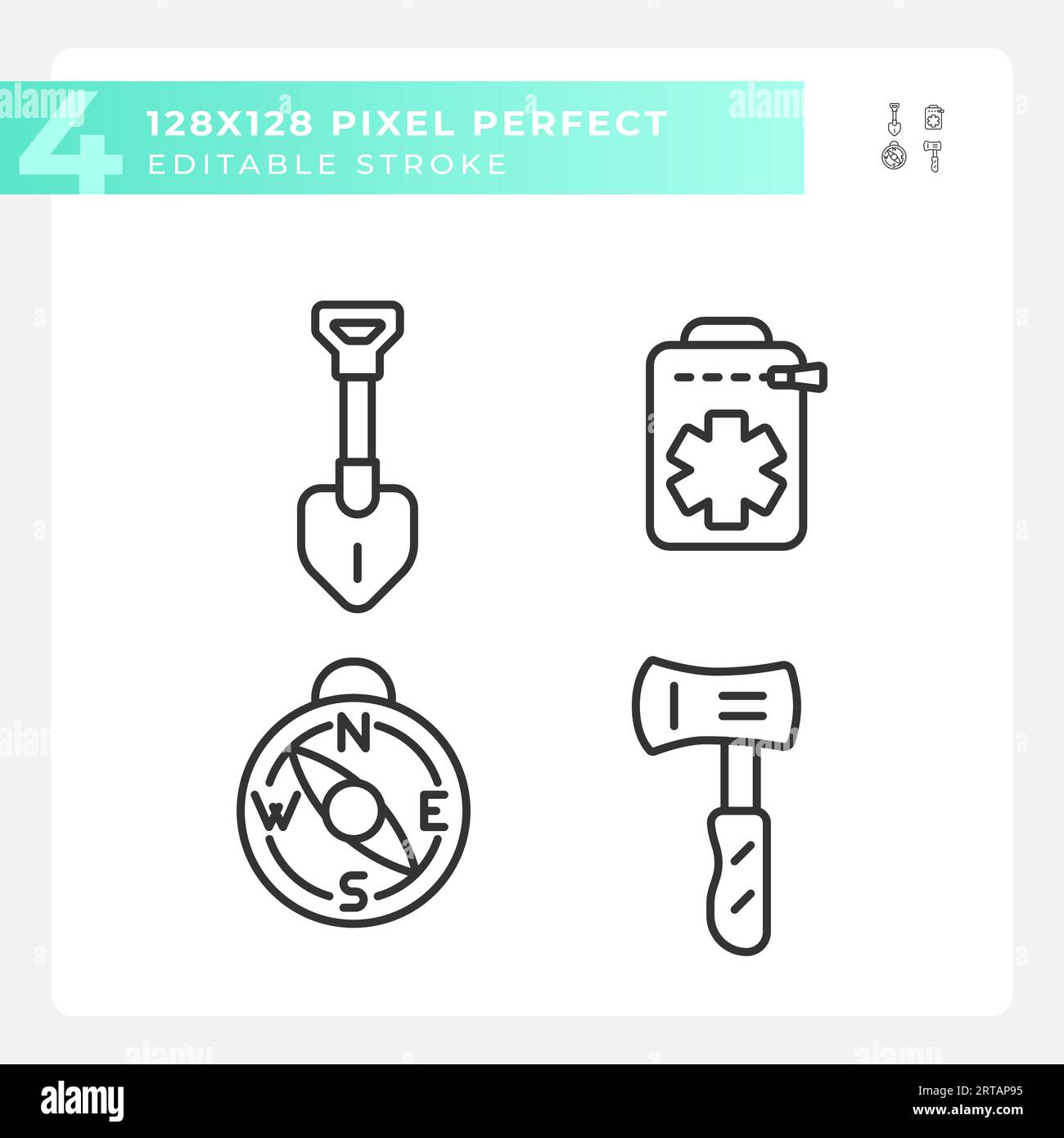 Editable pixel perfect hiking gear line icons pack Stock Vector