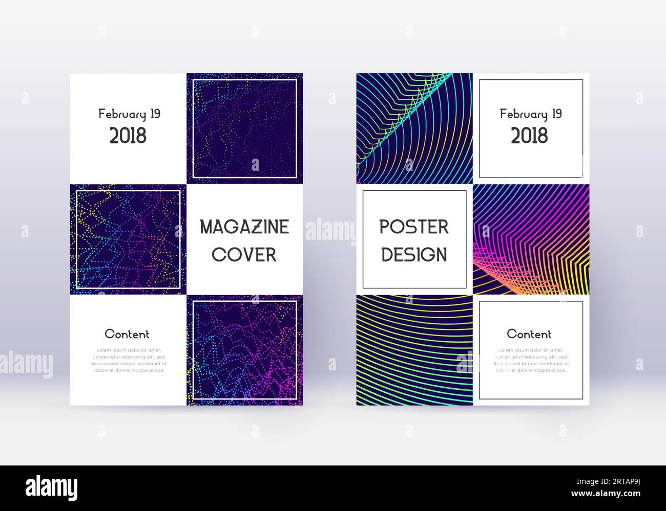 Business cover design template set. Rainbow abstract lines on dark blue