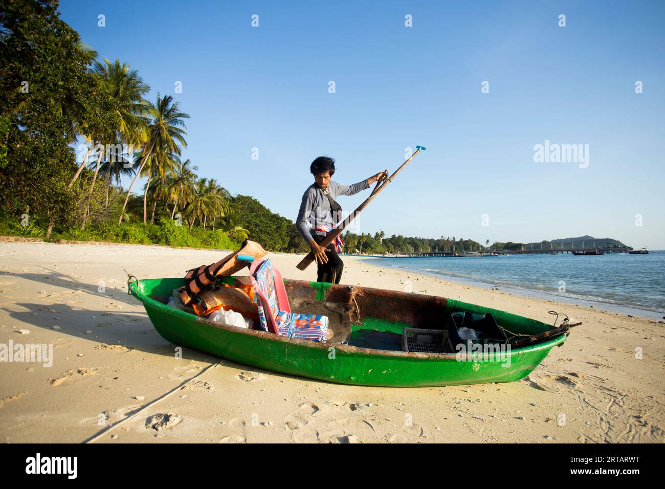 Koh Yao, Thailand; 1st January, 2023: A fisherman preparing his boat to go fishing for squid at night. Stock Photo