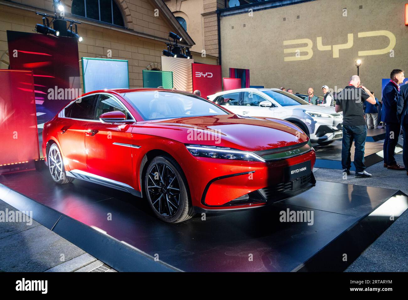 BYD Han and BYD Atto 3 electric vehicles displayed outside at the  BYD brand evening event, part of the IAA Mobility 2023 event in Munich, Germany. Stock Photo