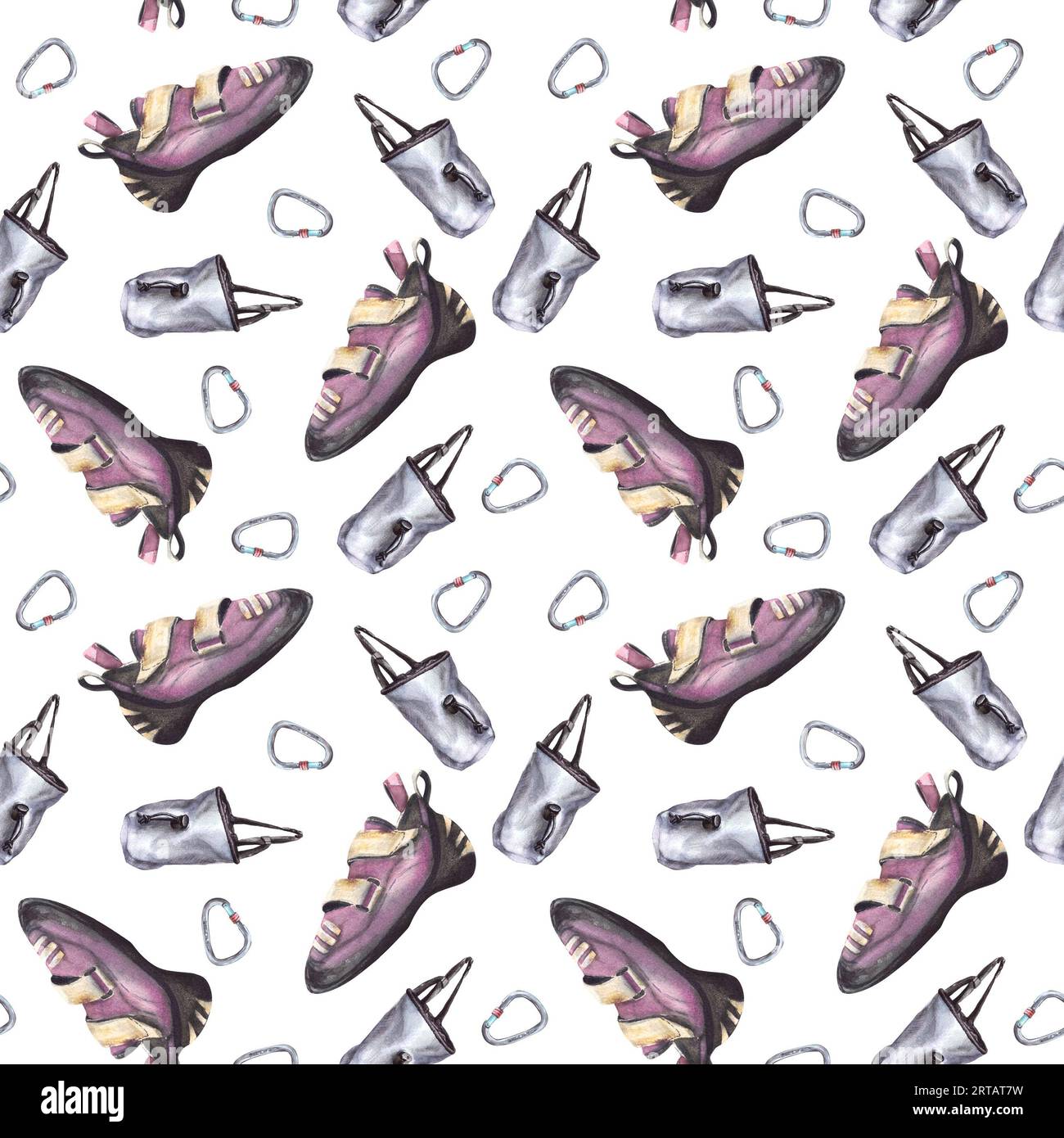 Grey chalk belt bag, sport climbing carabiner, bouldering shoe seamless pattern. Isolated on