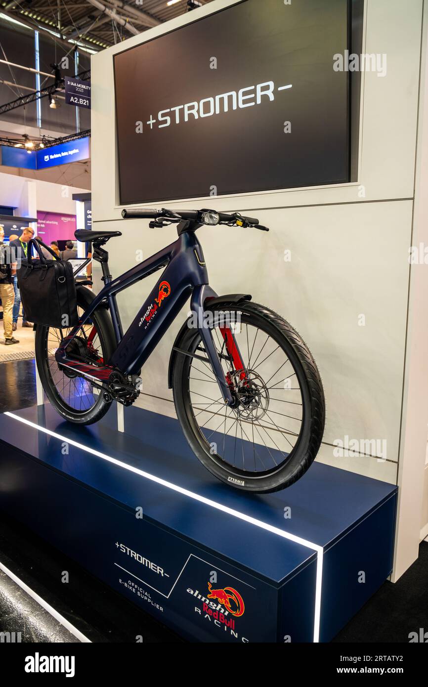 Stromer e-bike in Red Bull racing colours on display at IAA Mobility 2023, Munich Germany. Stock Photo