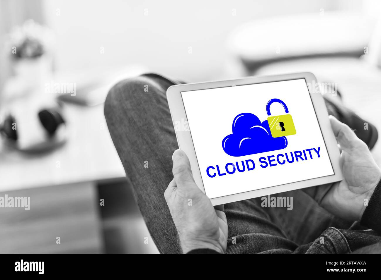 Tablet screen displaying a cloud security concept Stock Photo