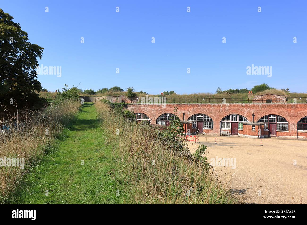 Fort Brockhurst, Gosport, Hampshire, England. September 10th 2023. Gosport Heritage Open Day. The fort was built between 1858 and 1862. A long grass ramp or path which allows visitors access to the grassy rooftops of the barrack rooms. Stock Photo