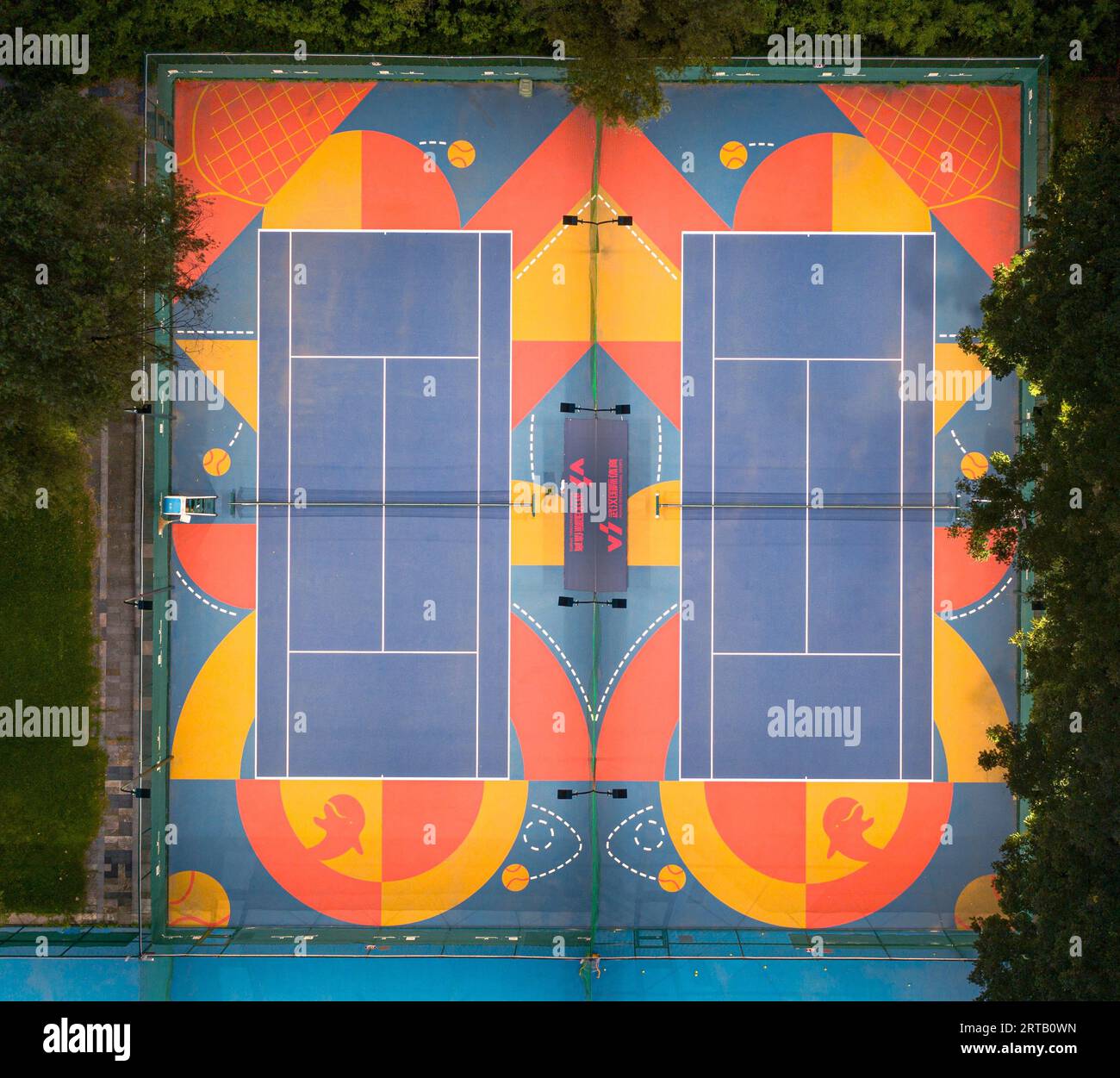An aerial view of a vibrant tennis court in Wuhan, China Stock Photo
