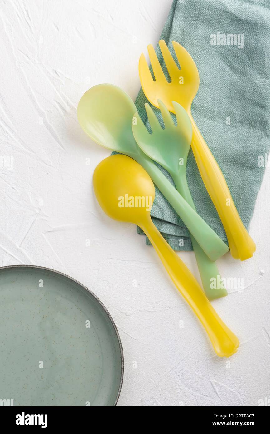 vintage salad cutlery, on napkins on white background Stock Photo