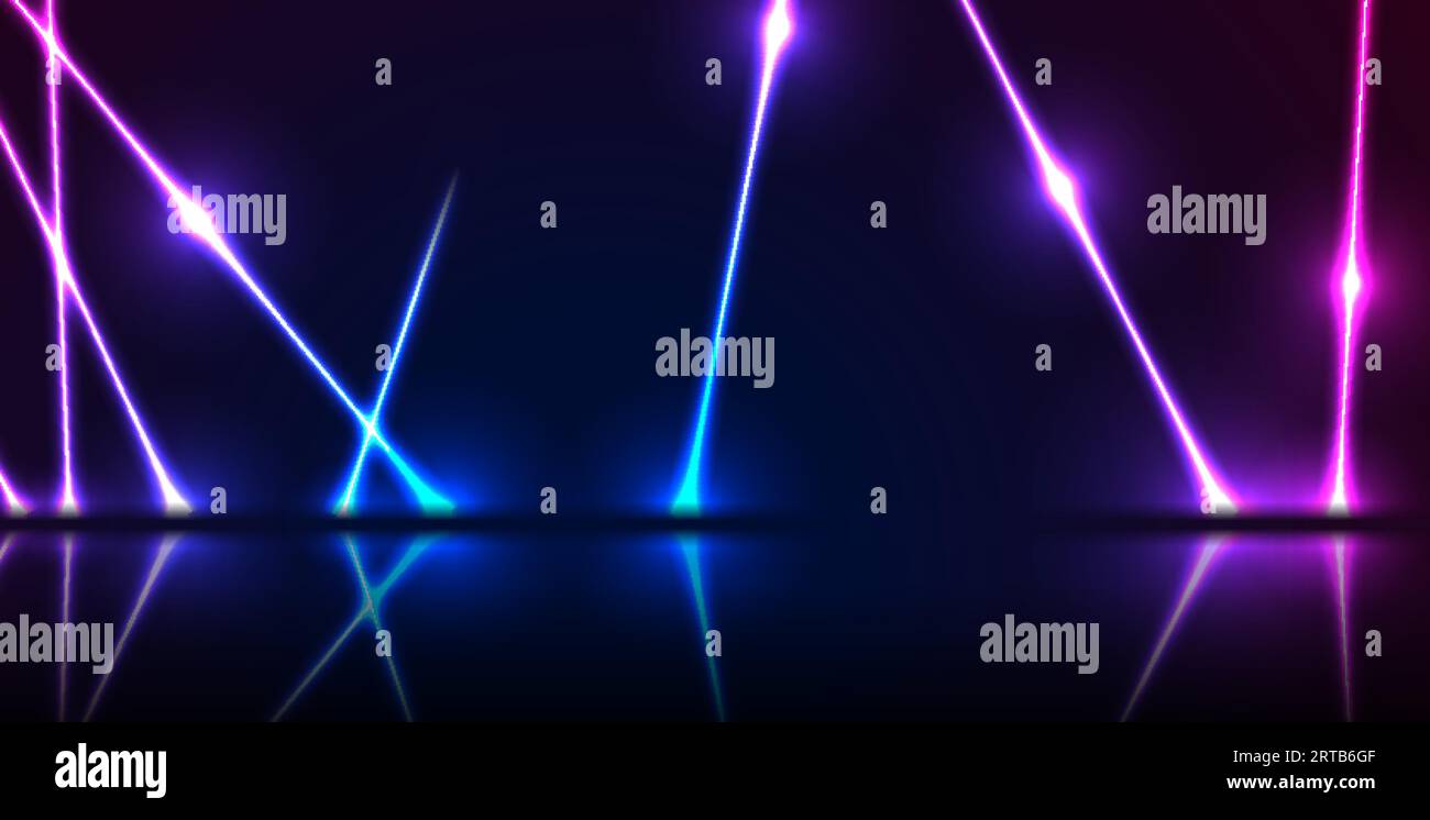 Blue and ultraviolet neon laser lines with reflection. Abstract rays ...