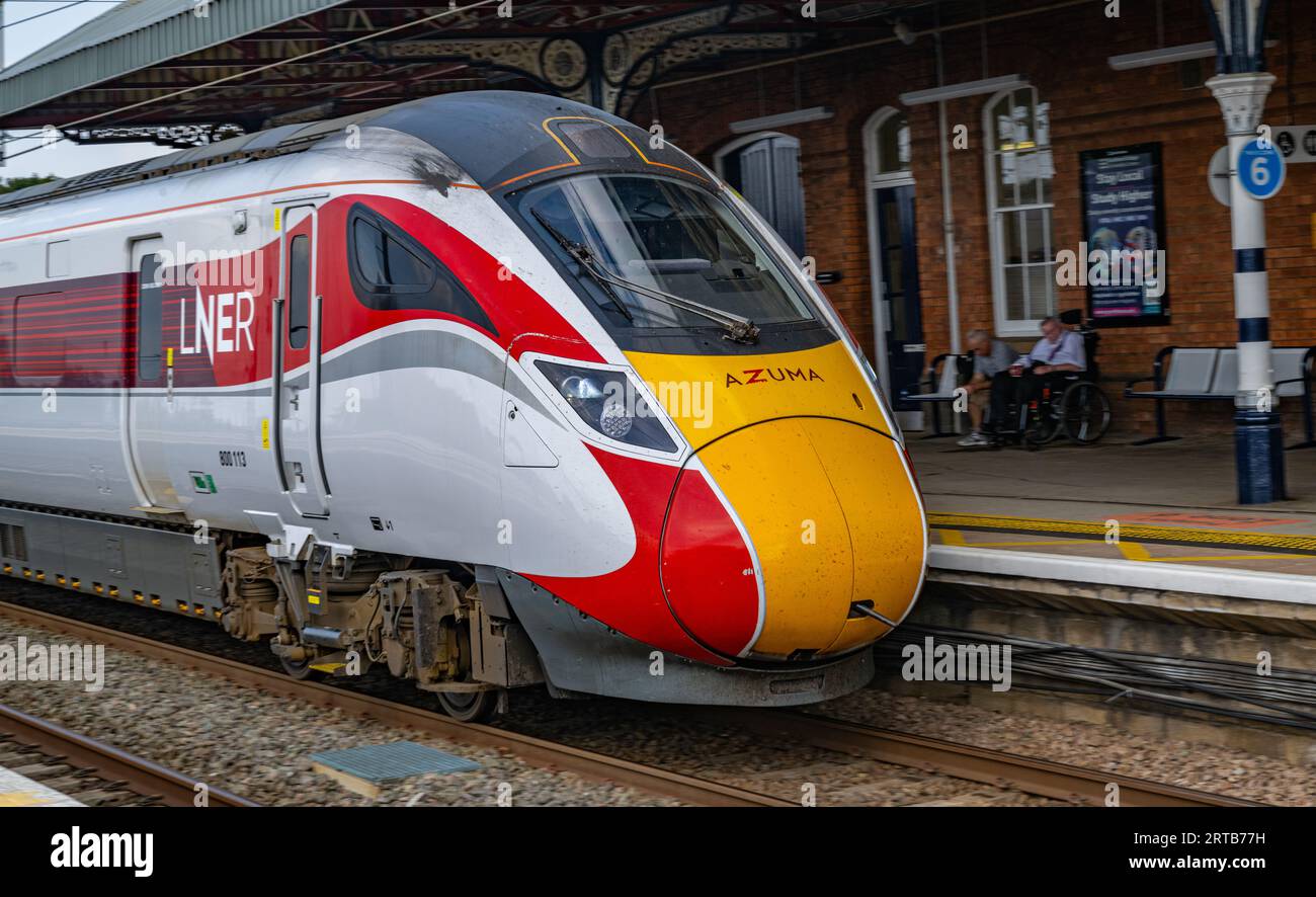 Grantham, Lincolnshire, UK – A London North Eastern Railway (LNER) Azuma Train arriving into the station Stock Photo