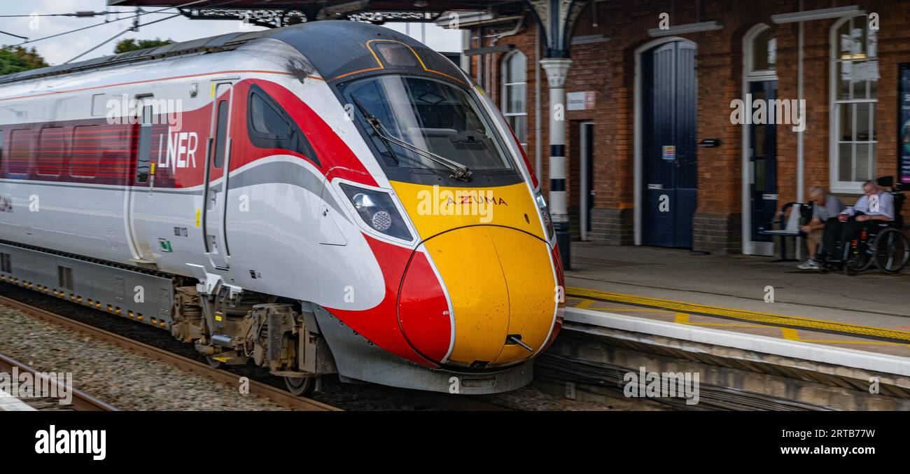 Grantham, Lincolnshire, UK – A London North Eastern Railway (LNER) Azuma Train arriving into the station Stock Photo