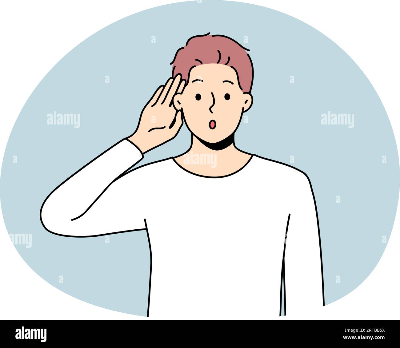 Young man make hand gesture listening to news on information. Confused male wonder about gossip or hearsay. Vector illustration. Stock Vector