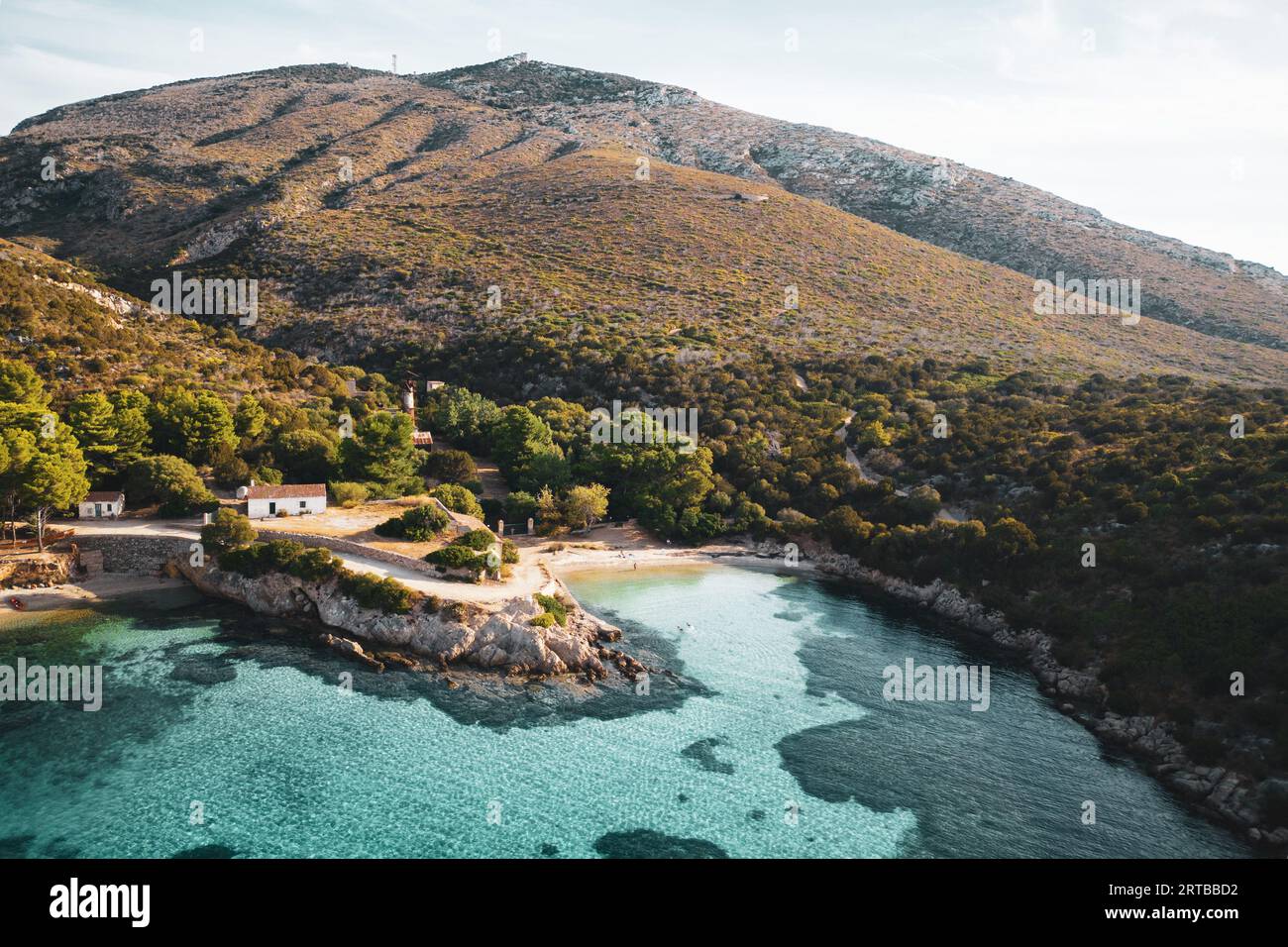 ITALY, SARDINIA 2023: Aerial view of the famous Cala Moresca beach, near Golfo Aranci. The location is within the protected promontory of Capo Figari. The beach was one of the filming location for the new Little Mermaid film Stock Photo