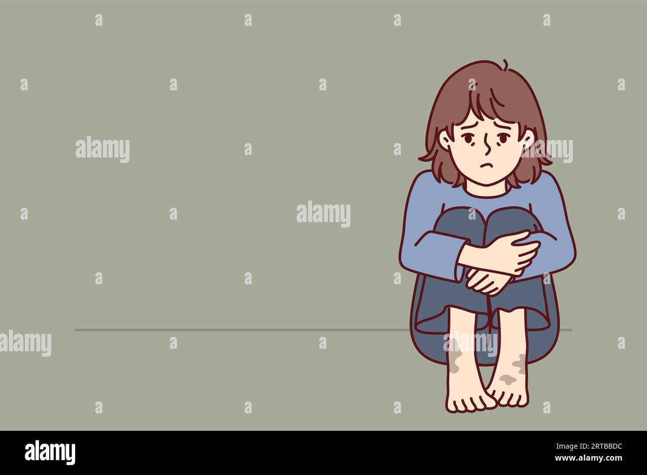 Sad poor girl with dirty feet sits on floor and is sad because of lack of home and money for food. Homeless helpless child in need of care and protection of social services providing financial support Stock Vector