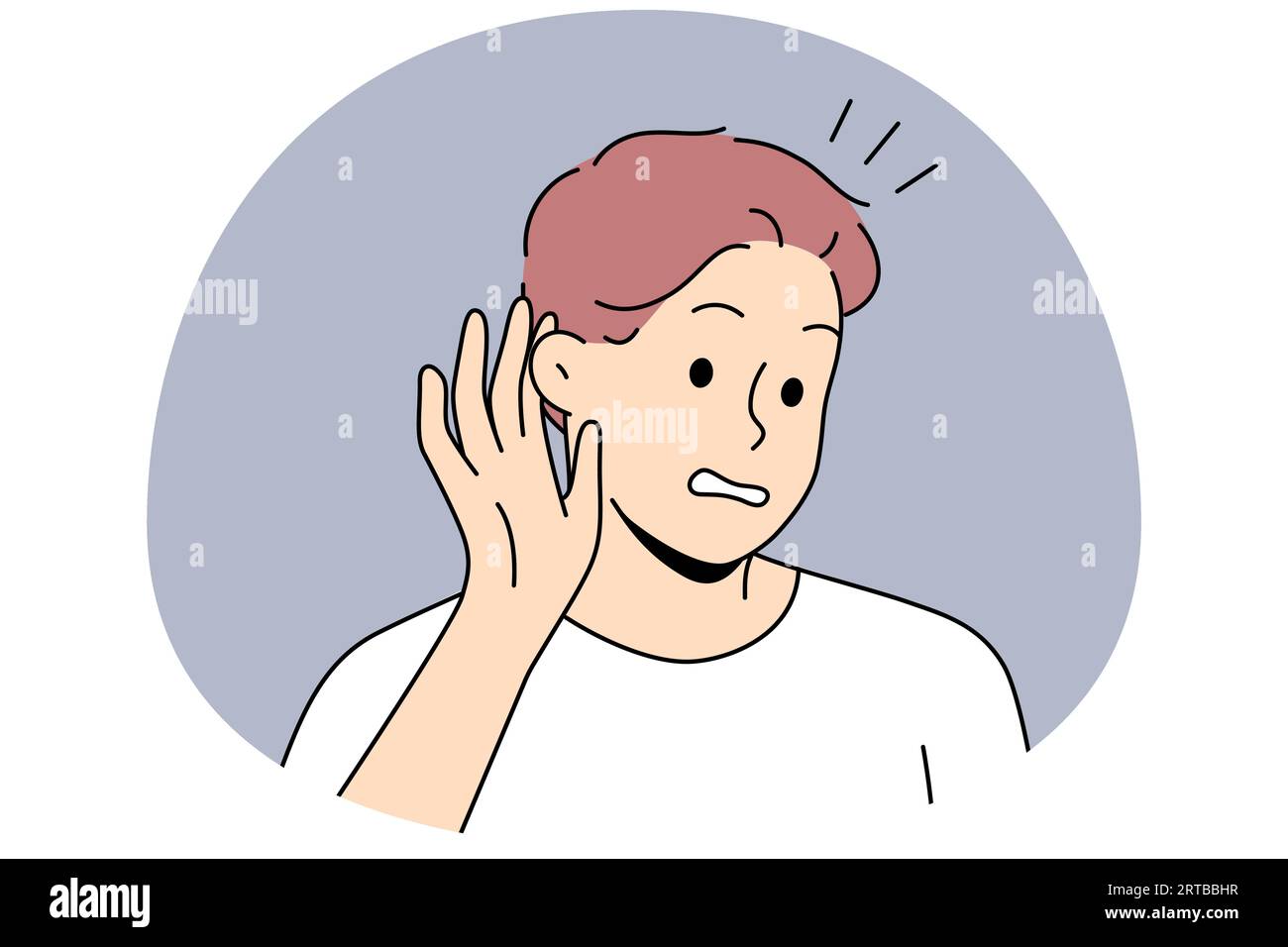 Man make hand gesture hearing gossip or rumor. Frustrated male listening to hidden or secret information. Vector illustration. Stock Vector