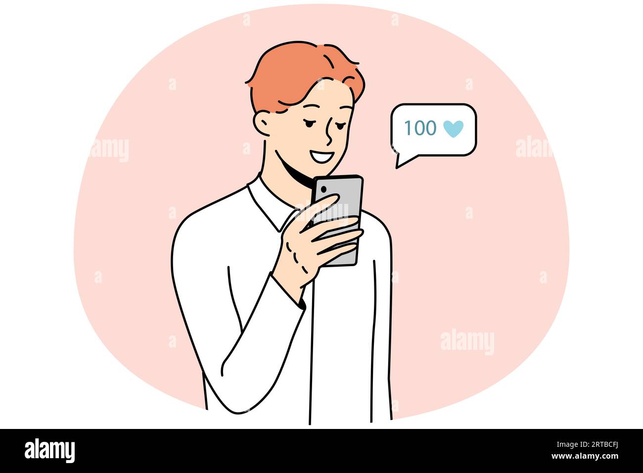 Smiling young man using cellphone collect likes on social media. Happy male look at mobile phone screen get acknowledgment from subscribers. Vector illustration. Stock Vector