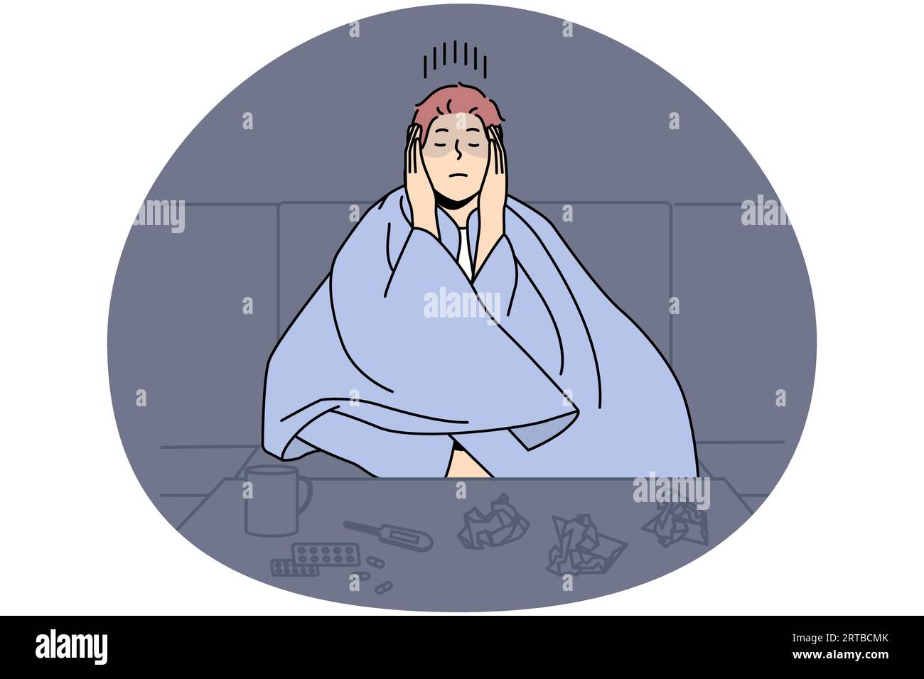 Man sitting in blanket struggle with cold or influenza. Unhealthy male