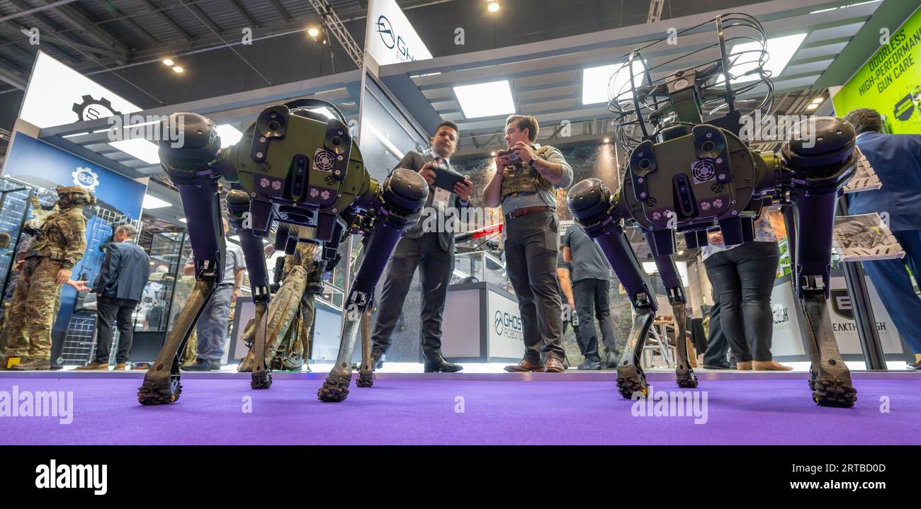 ExCel, London, UK. 12th Sep, 2023. The biennial Defence and Security Exhibition (DSEI) runs from 12-15 Sept featuring the latest technology in Aerospace, Land, Naval, Security and Joint zones, with worldwide exhibitors represented. Image: State of the art legged Robots demonstration on the Philadelphia based Ghost Robotics stand. Credit: Malcolm Park/Alamy Live News Stock Photo