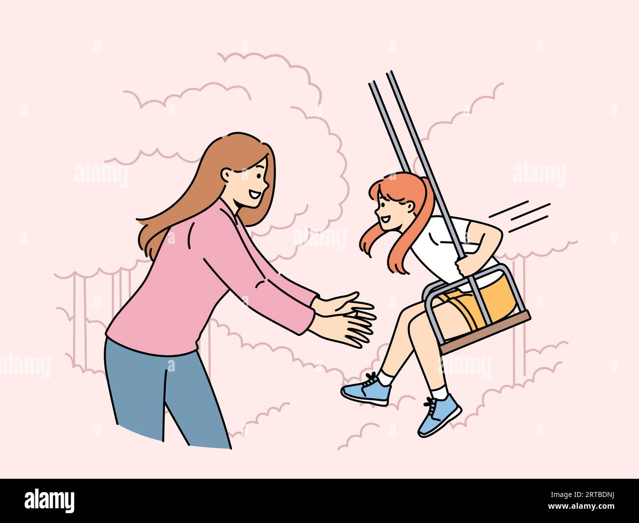 Mom takes daughter on swing in park and enjoys relaxing with child in fresh air. Happy family of woman with little girl having good summer vacation or weekend in backyard with swing Stock Vector