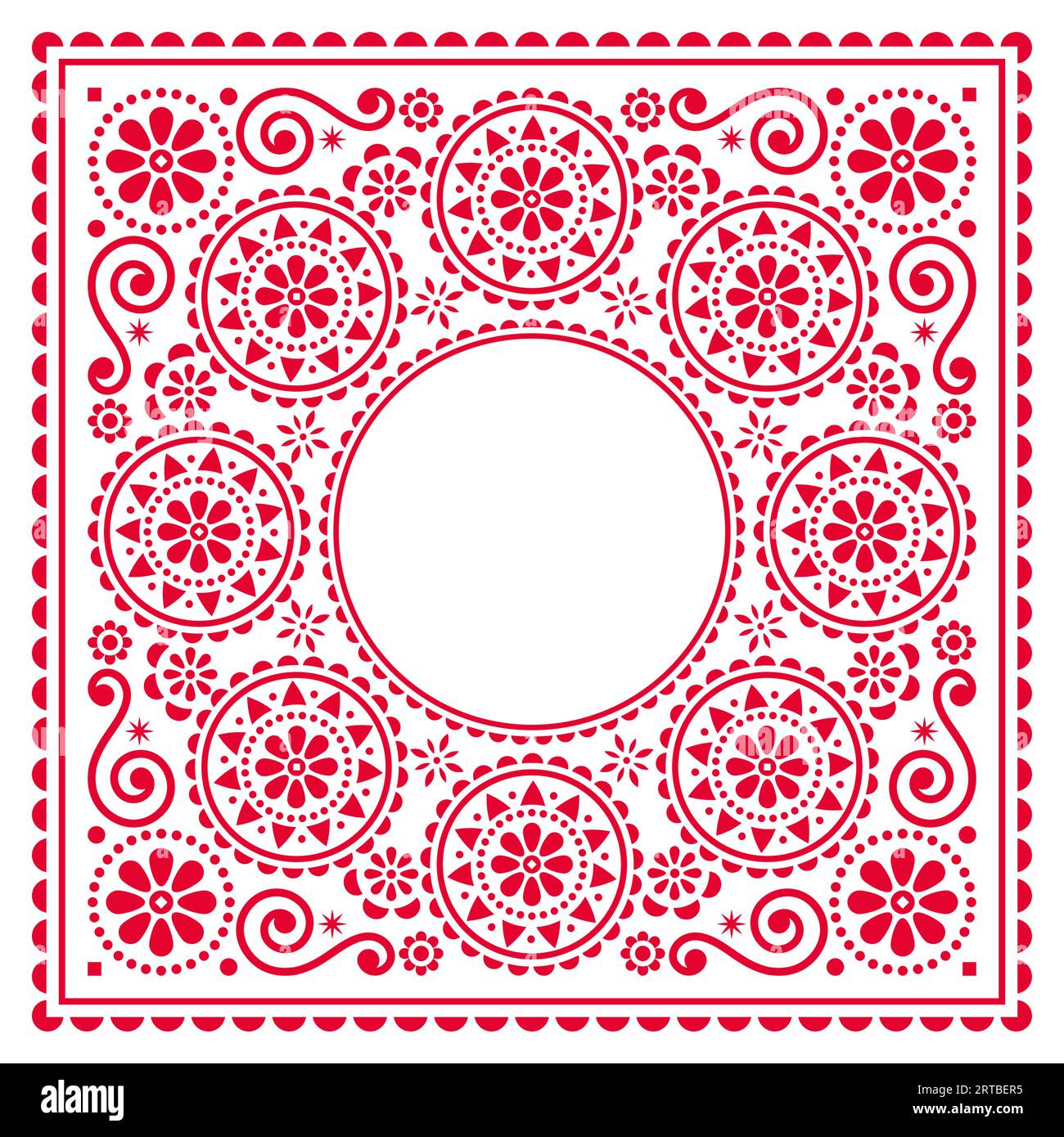 Valentine's Day vector greeting card or wedding invitation design with floral frame and space for text - Scandinavian folk art style pattern with hear Stock Vector
