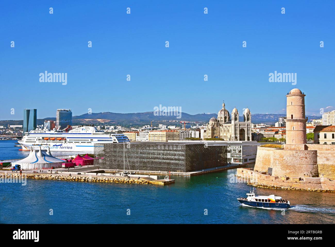 Fanal tower, Mucem museum and cathedrale of the Major, France, Provence, Bouches du Rhone, Marseilles Stock Photo