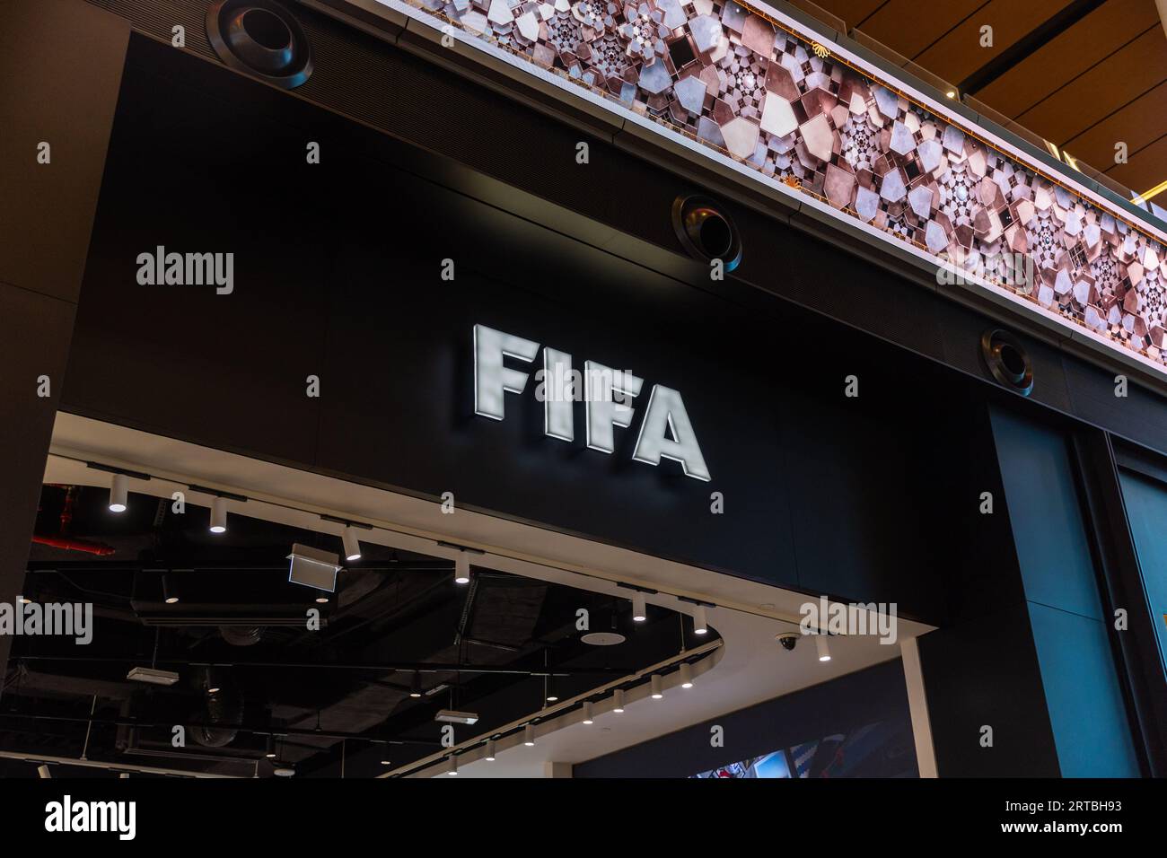 FIFA duty free store front at Doha Hamad International Airport, Qatar Stock Photo