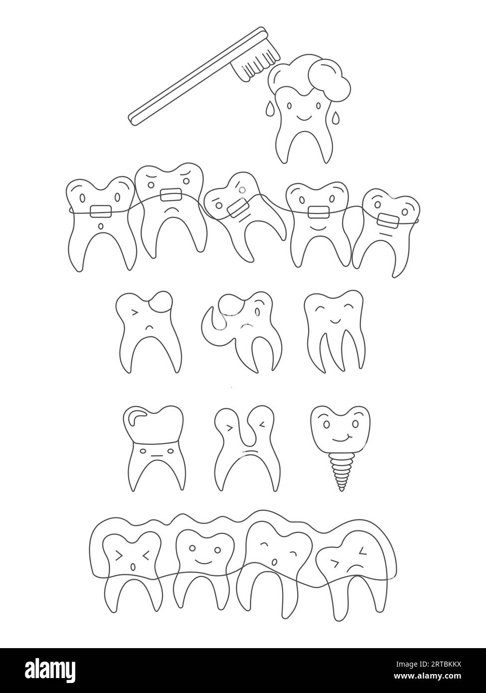 Cute doodle teeth characters set with caries, implant, tooth crown