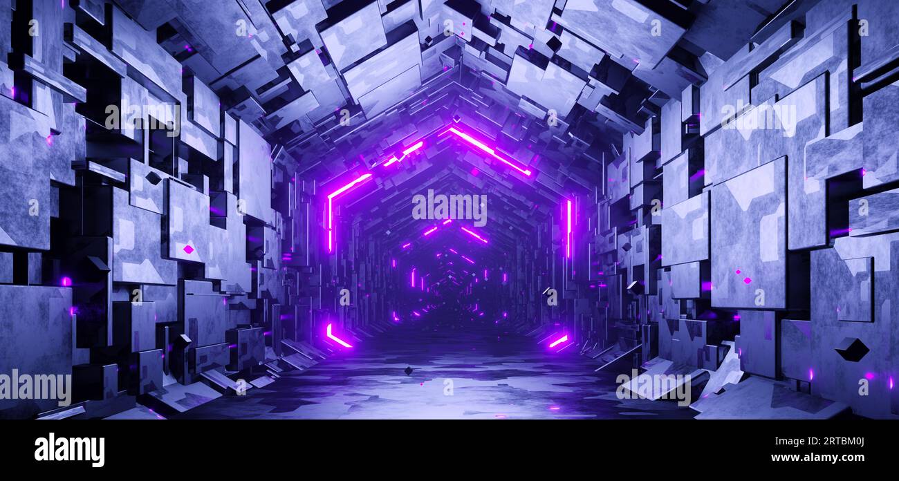 Sci-fi hexagonal empty tunnel with glowing neon particles background ...