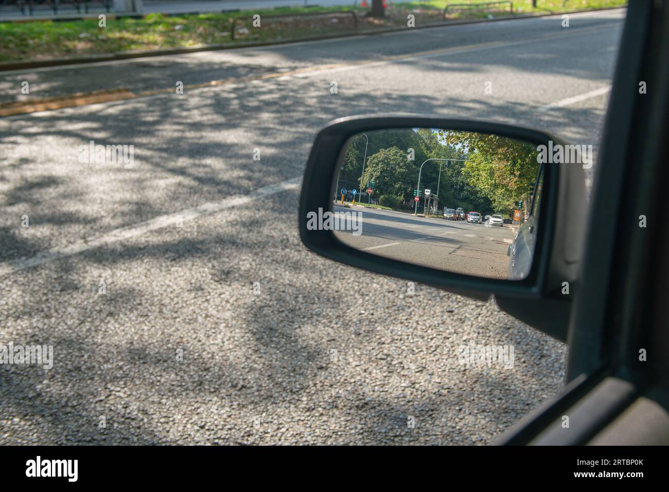 milan, italy, 11 September 2023,car traffic seen in a rearview mirror ...