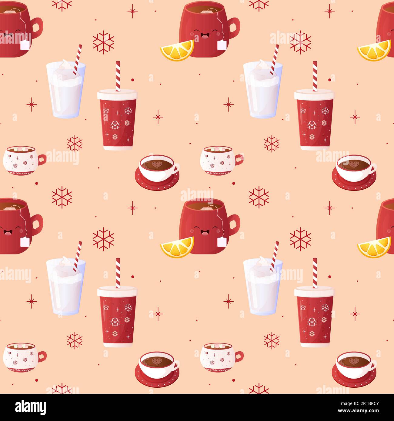 Seamless pattern winter drinks, mug, red. Tea, coffee, cocoa and lemon. Vector illustration Stock Vector