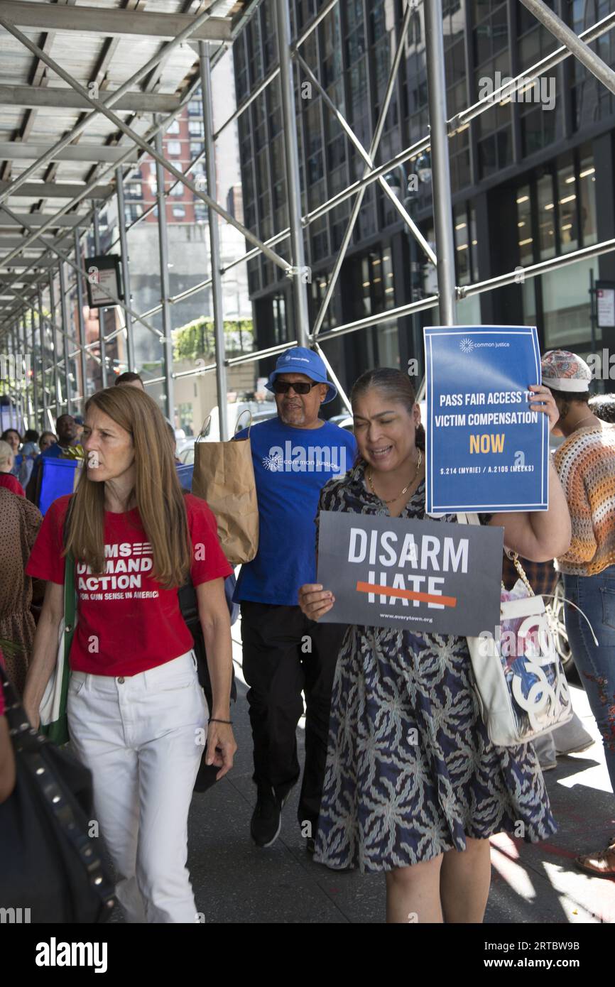 Victims of gun violence demonstrate in front of Gov. Kathy Hochul's Manhattan office for victim compensation and to pass stronger gun laws. Stock Photo