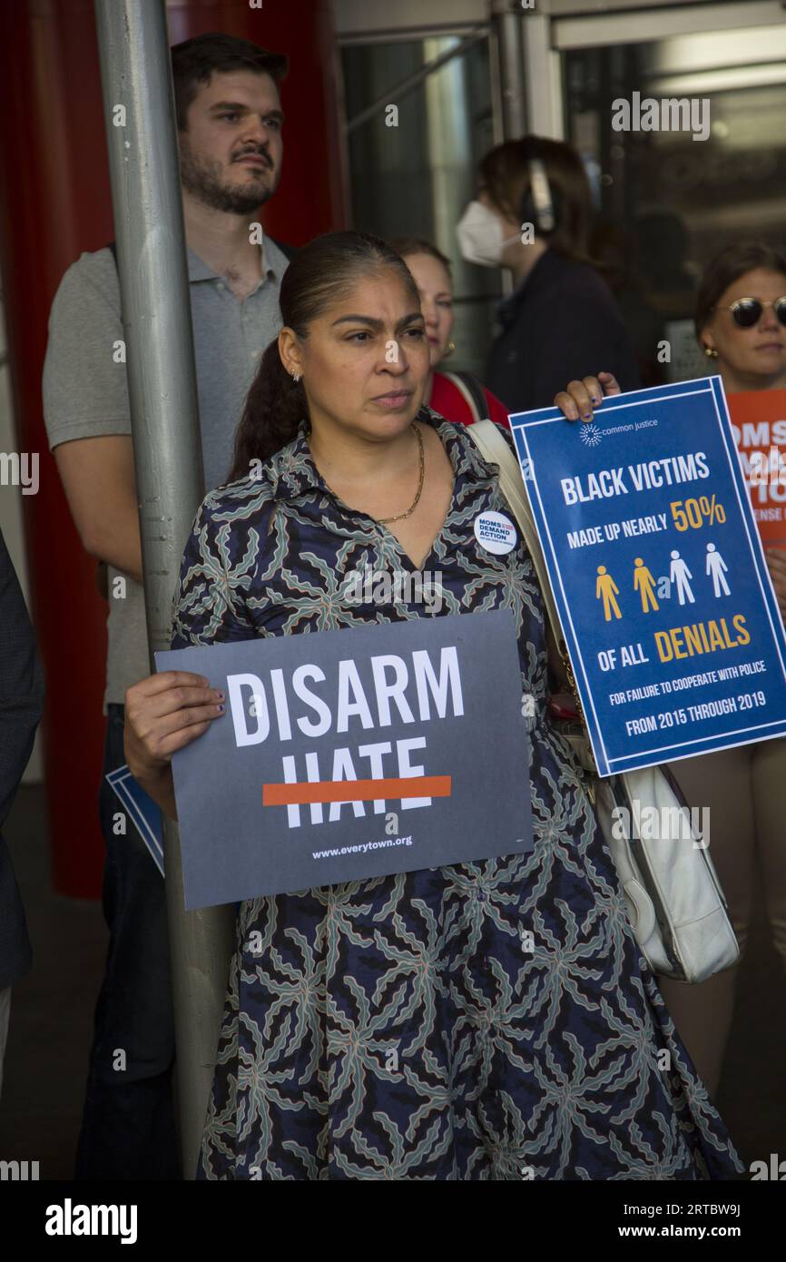 Victims of gun violence demonstrate in front of Gov. Kathy Hochul's Manhattan office for victim compensation and to pass stronger gun laws. Stock Photo