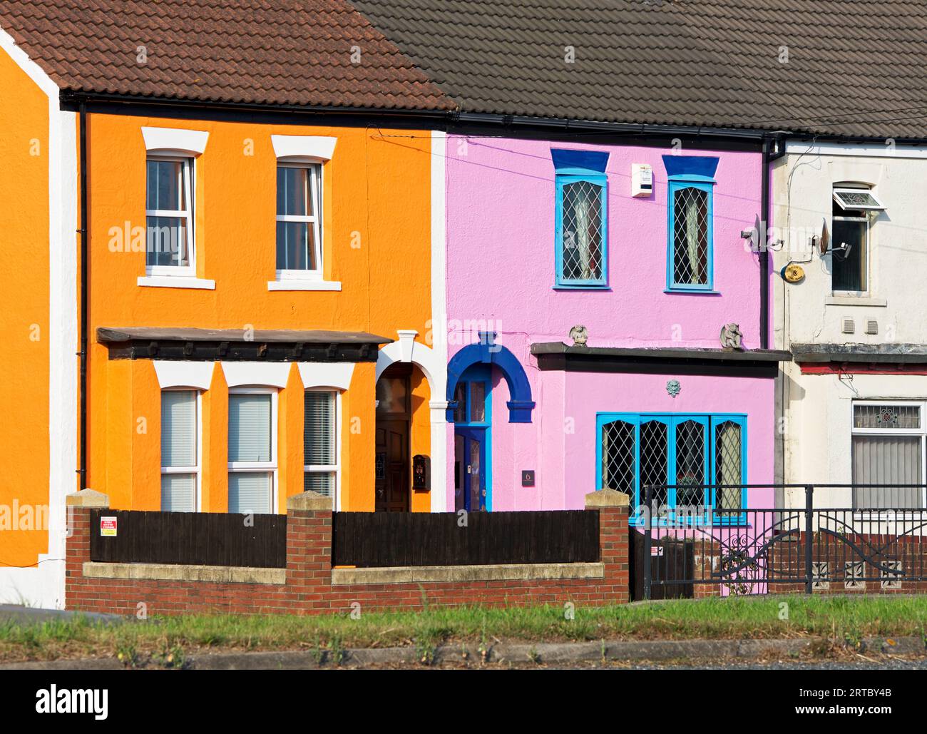 Multicoloured terraced houses in Hull, East Yorkshire, England UK